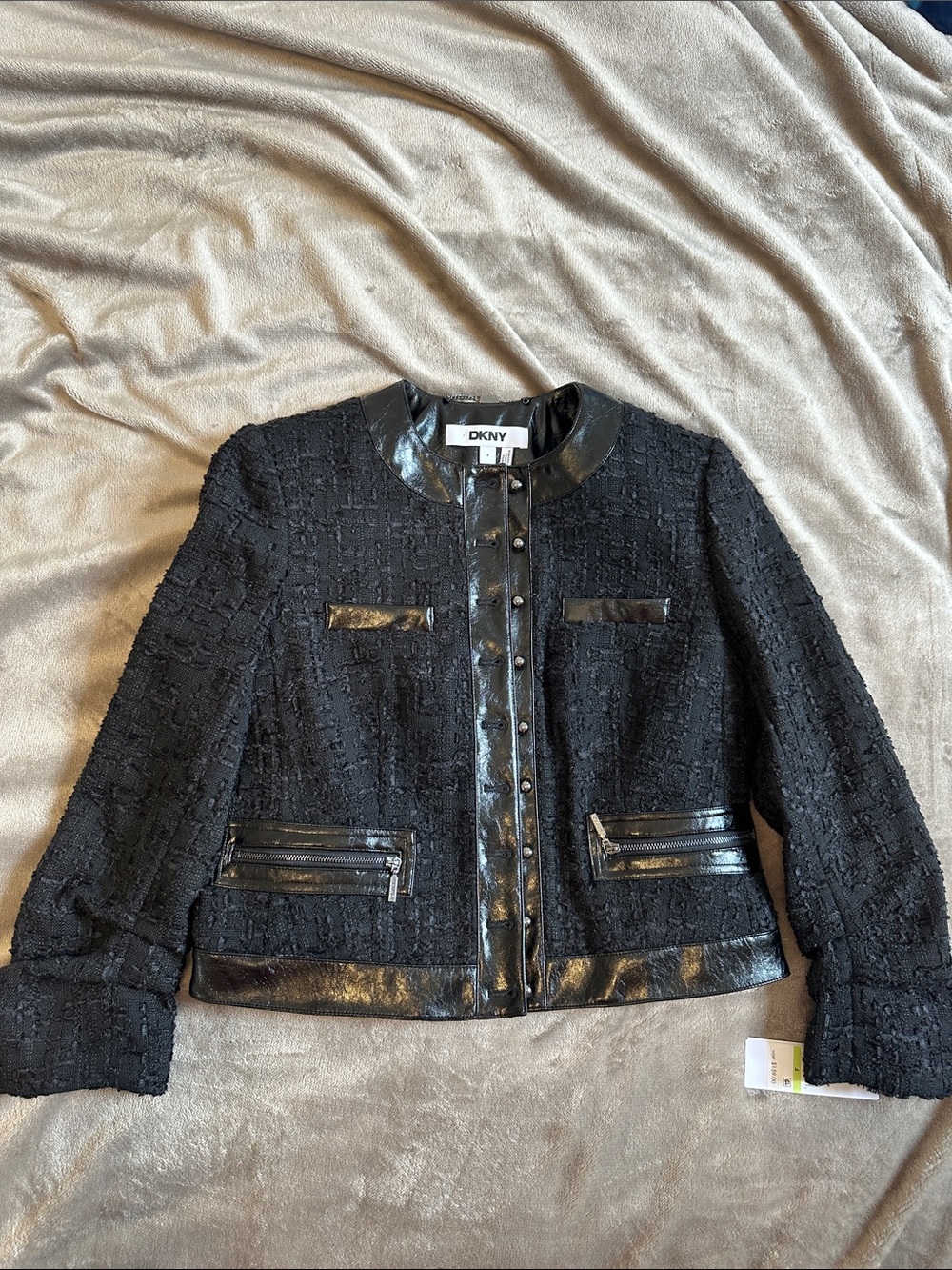 DKNY Black Tweed Jacket with Leather Trim and Zippers